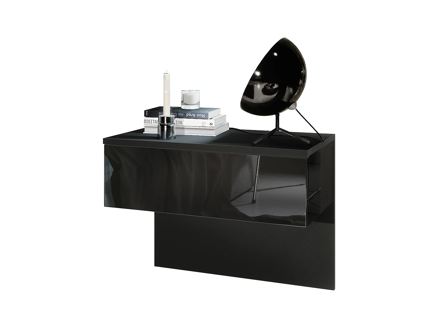 Table de chevet Sleep, Table de nuit à fixation murale avec tiroir, Noir mat/Noir haute brillance (60 x 46 x 35 cm)