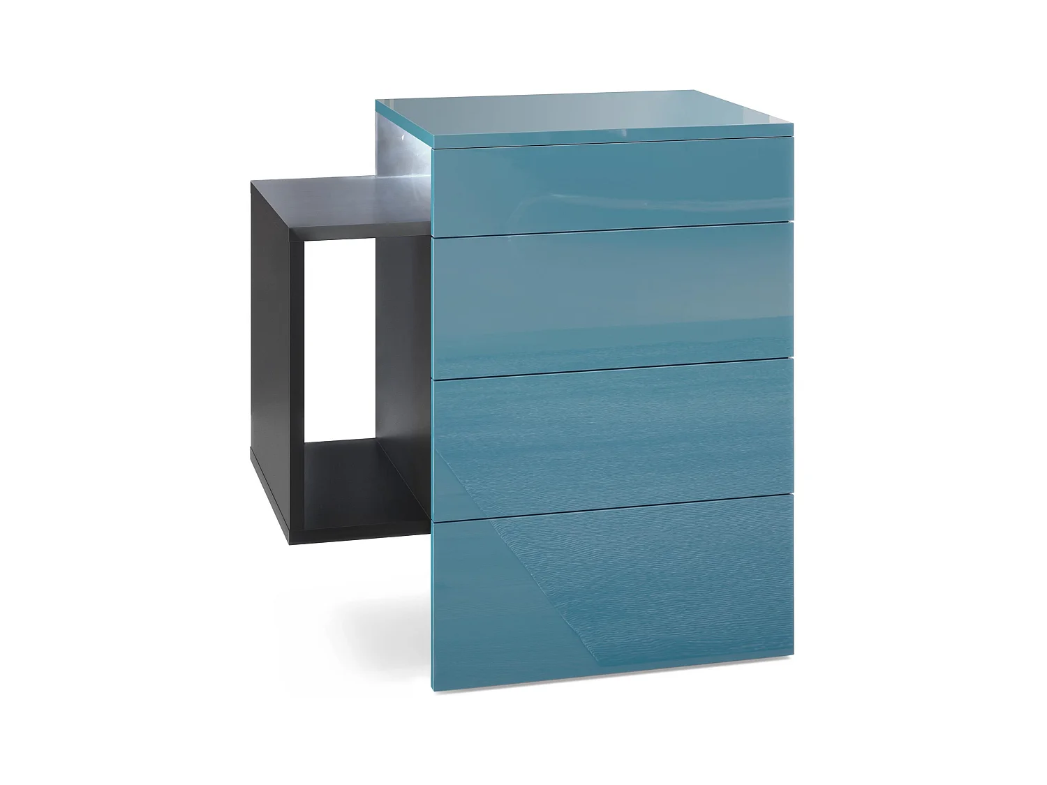 Table de chevet Queens, Table de nuit avec 2 tiroirs et 1 compartiment latéral à fixer au mur, Noir mat/Turquoise brillant, incl. LED blanc (60x63x36 cm)