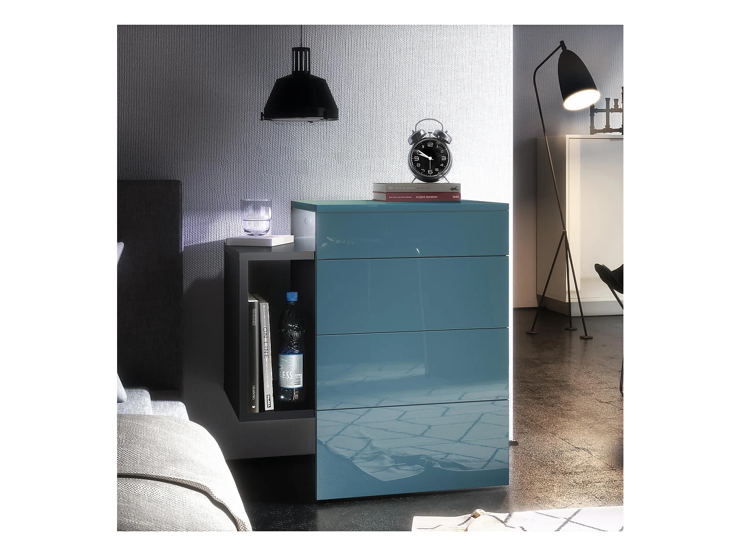 Table de chevet Queens, Table de nuit avec 2 tiroirs et 1 compartiment latéral à fixer au mur, Noir mat/Turquoise brillant, incl. LED blanc (60x63x36 cm)