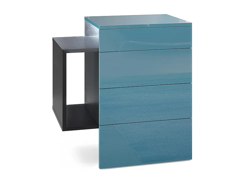Comodino  Queens, comodino a parete con 2 cassetti e 1 vano portaoggetti laterale, nero opaco/Teal High Gloss, con faretto LED sottopensile bianco (60 x 63 x 36 cm)