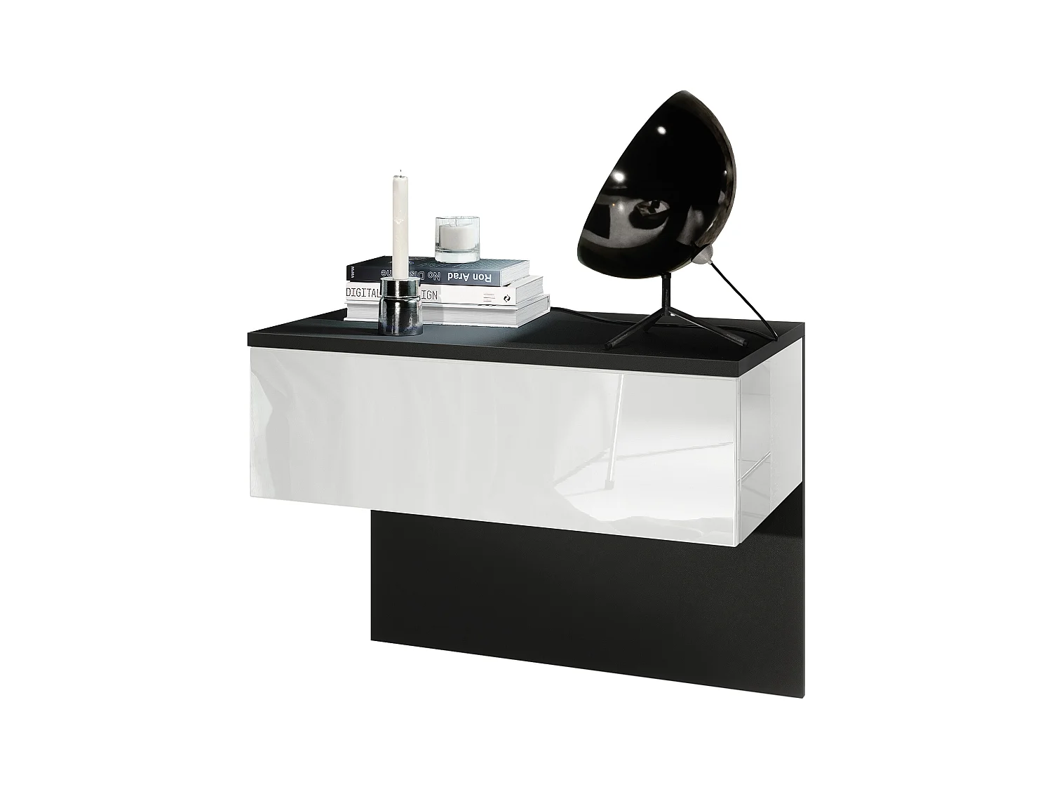 Table de chevet Sleep, Table de nuit à fixation murale avec tiroir, Noir mat/Blanc haute brillance (60 x 46 x 35 cm)