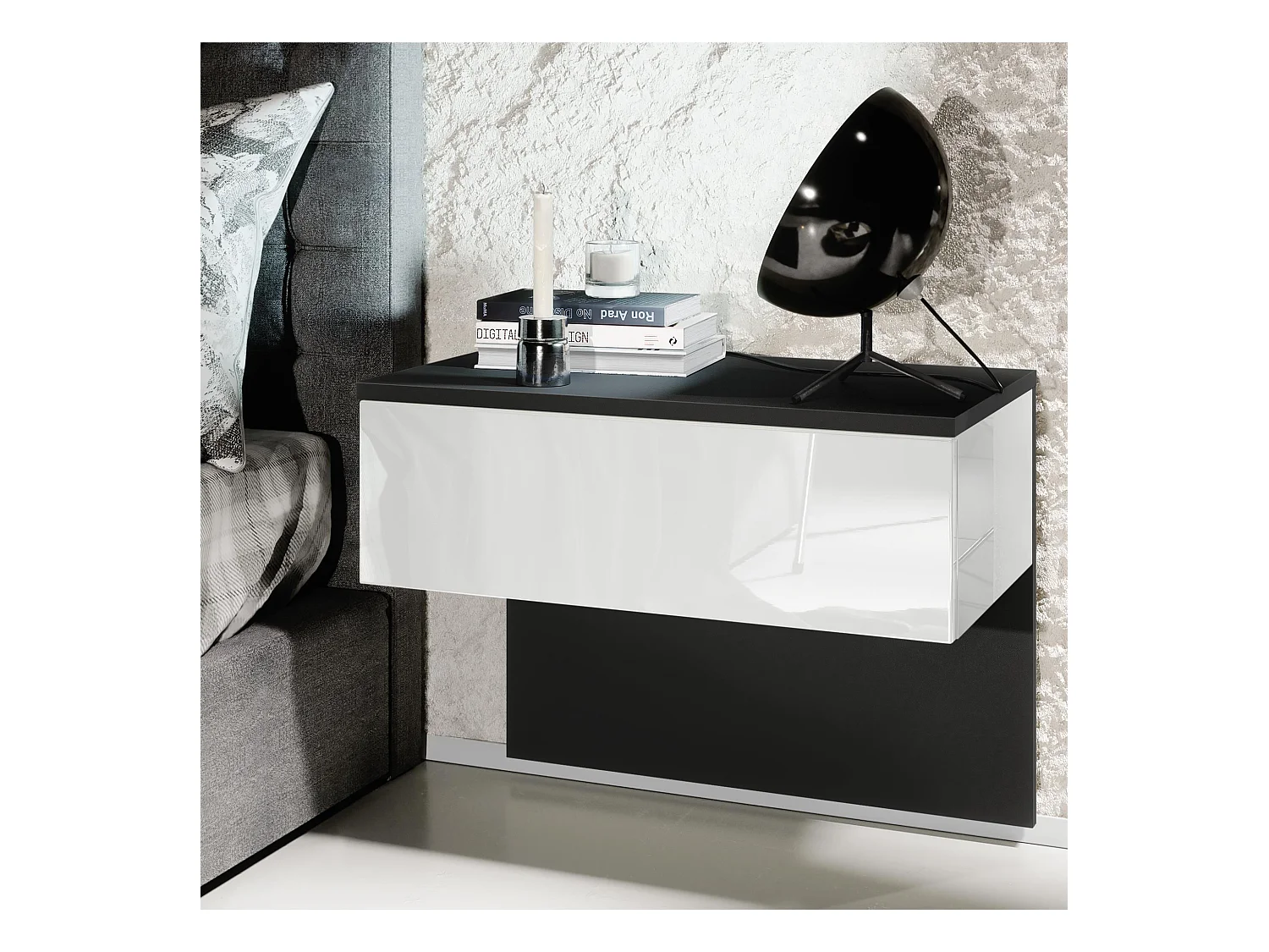 Table de chevet Sleep, Table de nuit à fixation murale avec tiroir, Noir mat/Blanc haute brillance (60 x 46 x 35 cm)