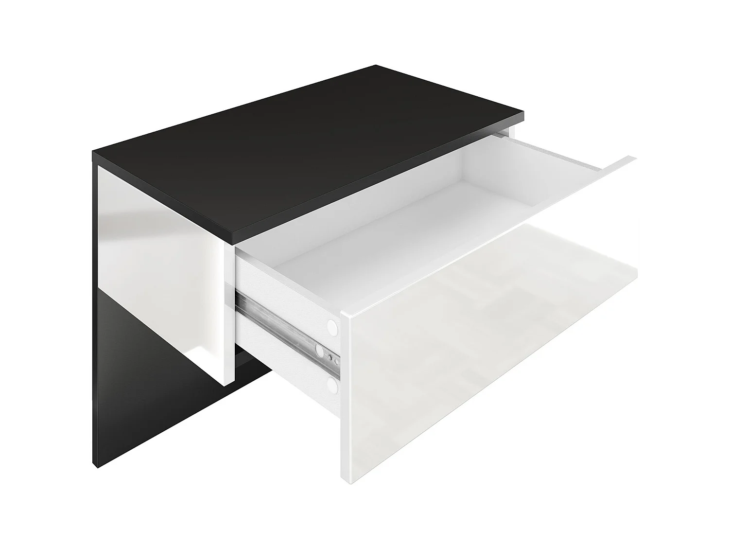 Table de chevet Sleep, Table de nuit à fixation murale avec tiroir, Noir mat/Blanc haute brillance (60 x 46 x 35 cm)