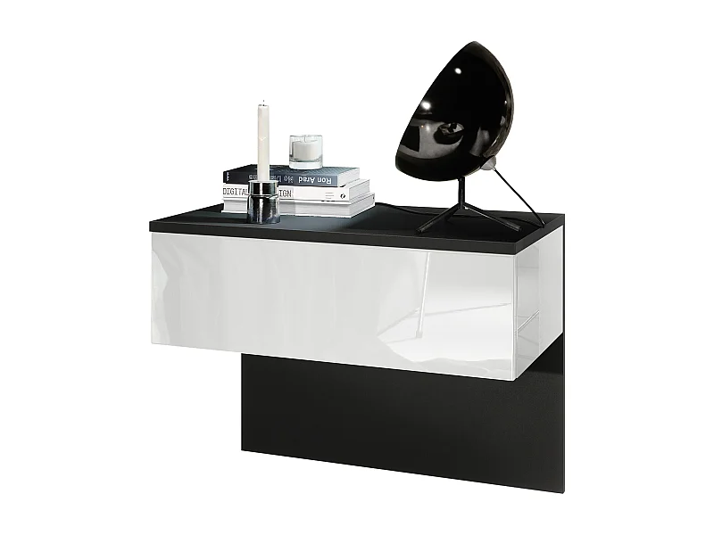 Table de chevet Sleep, Table de nuit à fixation murale avec tiroir, Noir mat/Blanc haute brillance (60 x 46 x 35 cm)