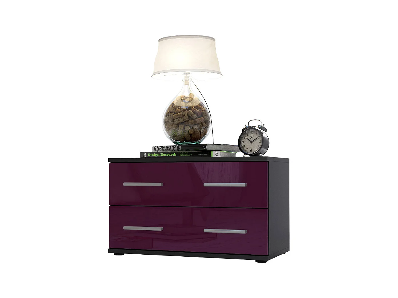 Mesa de noche Kioto, Cuerpo en Negro mate / Frontal en Color Zarzamora alto brillo