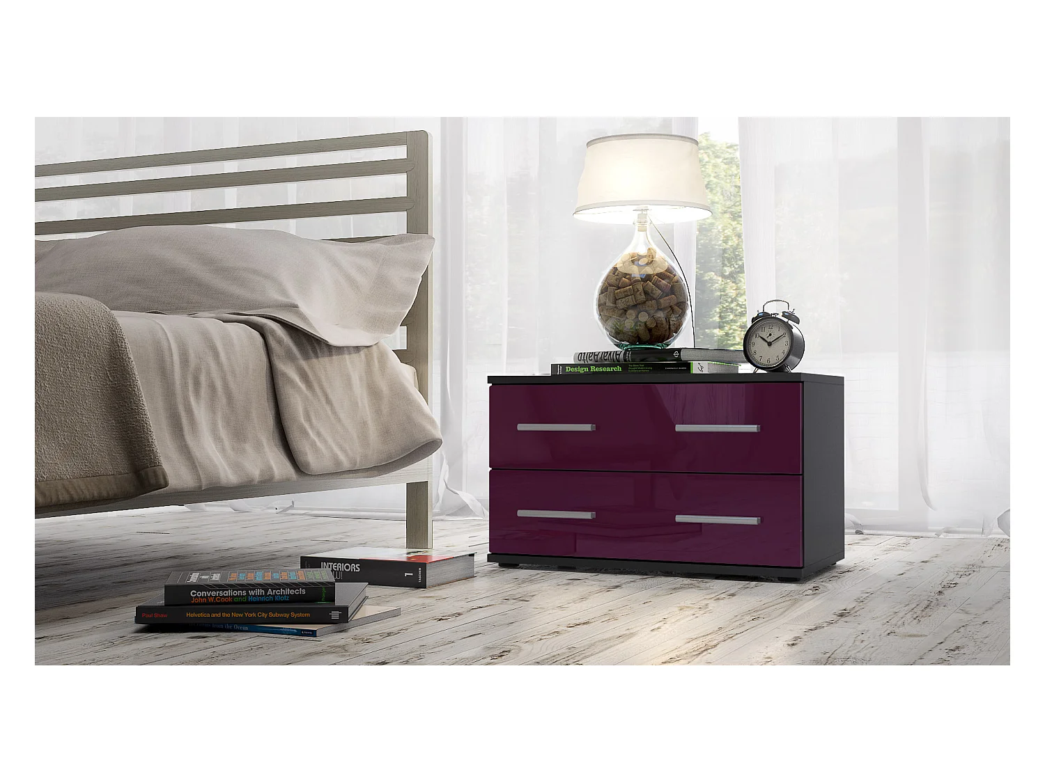 Mesa de noche Kioto, Cuerpo en Negro mate / Frontal en Color Zarzamora alto brillo