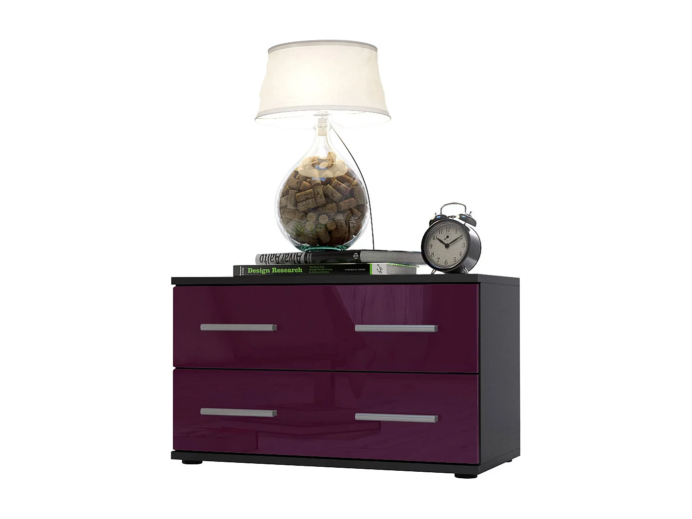 Table de chevet de nuit Kioto, Corps en Noir mat / Façades en Mûre haute brillance