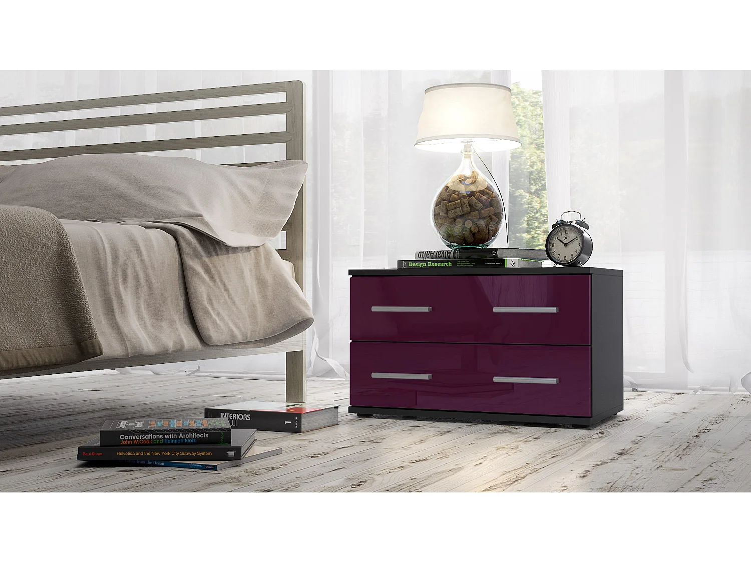 Table de chevet de nuit Kioto, Corps en Noir mat / Façades en Mûre haute brillance