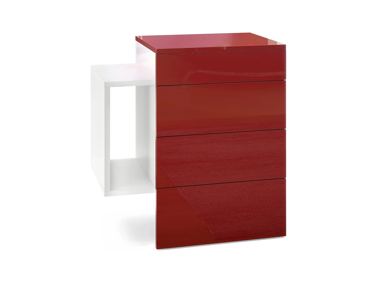Table de chevet Queens, Table de nuit avec 2 tiroirs et 1 compartiment latéral à fixer au mur, Blanc mat/Bordeaux brillant, incl. encastré LED (60x63x36 cm)