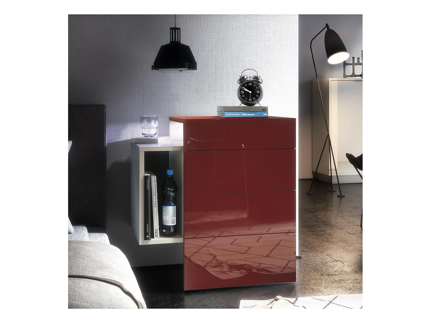 Table de chevet Queens, Table de nuit avec 2 tiroirs et 1 compartiment latéral à fixer au mur, Blanc mat/Bordeaux brillant, incl. encastré LED (60x63x36 cm)