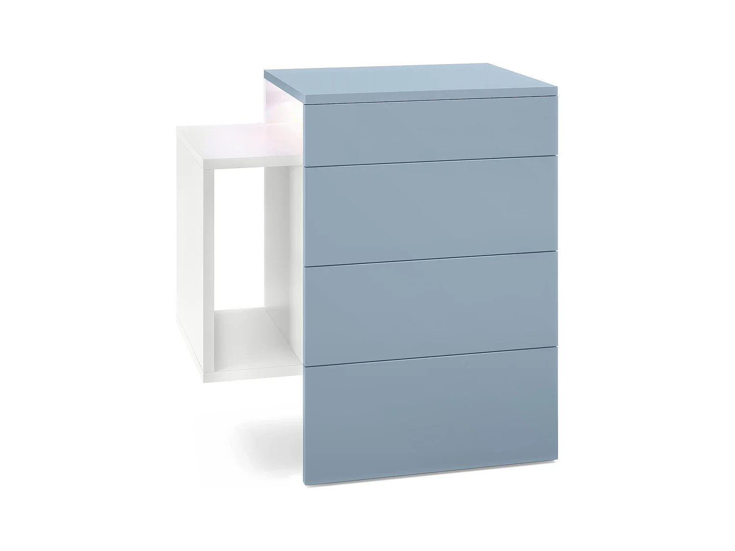 Table de chevet Queens, Table de nuit avec 2 tiroirs et 1 compartiment latéral à fixer au mur, Blanc mat/Denim mat, incl. LED blanc (60x63x36 cm)