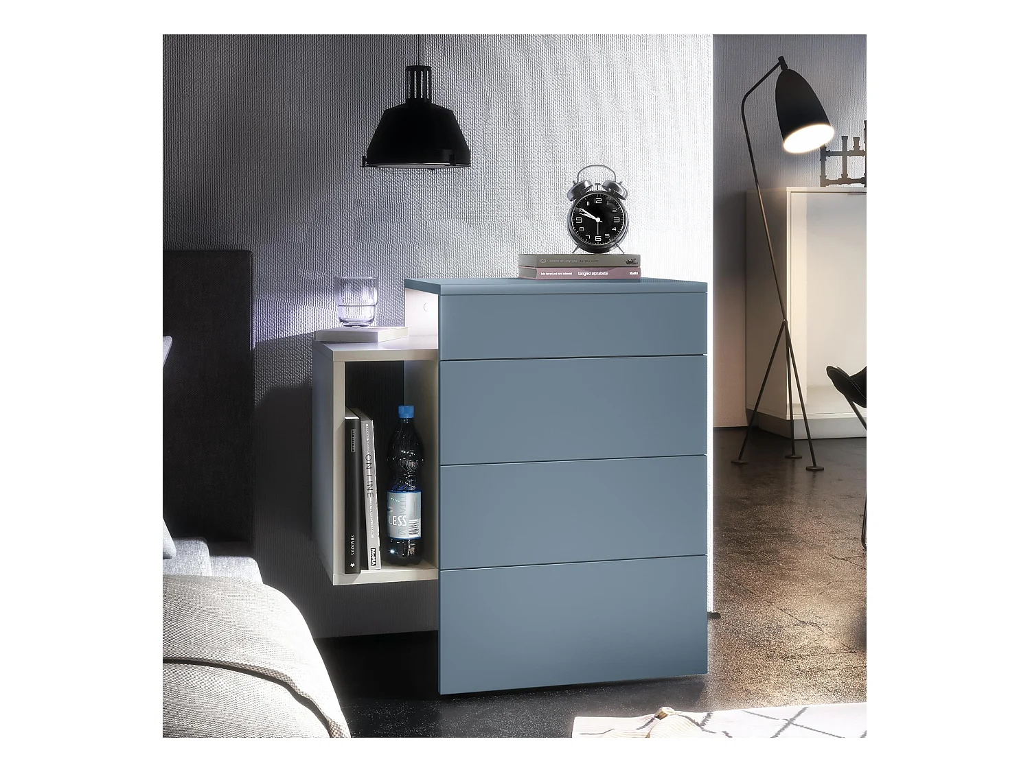 Table de chevet Queens, Table de nuit avec 2 tiroirs et 1 compartiment latéral à fixer au mur, Blanc mat/Denim mat, incl. LED blanc (60x63x36 cm)