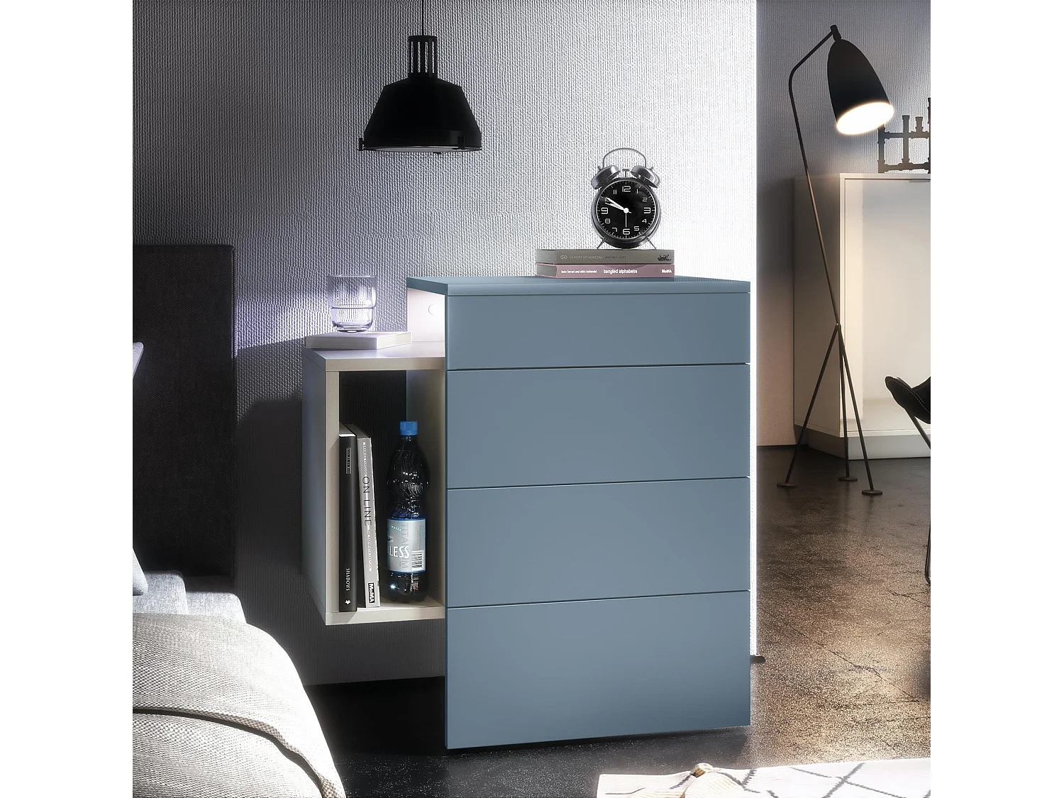 Table de chevet Queens, Table de nuit avec 2 tiroirs et 1 compartiment latéral à fixer au mur, Blanc mat/Denim mat, incl. LED blanc (60x63x36 cm)