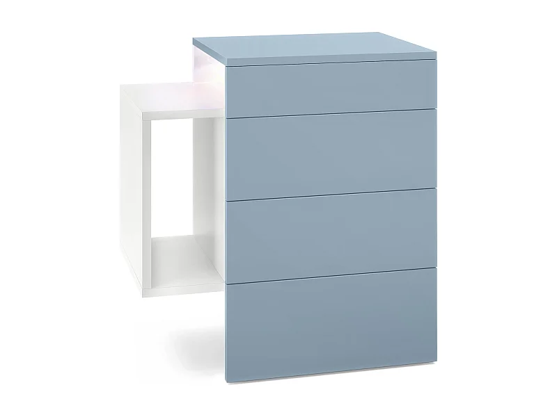 Comodino  Queens, comodino a parete con 2 cassetti e 1 scomparto laterale, bianco opaco/denim opaco, con faretto LED sottopensile bianco (60 x 63 x 36 cm)