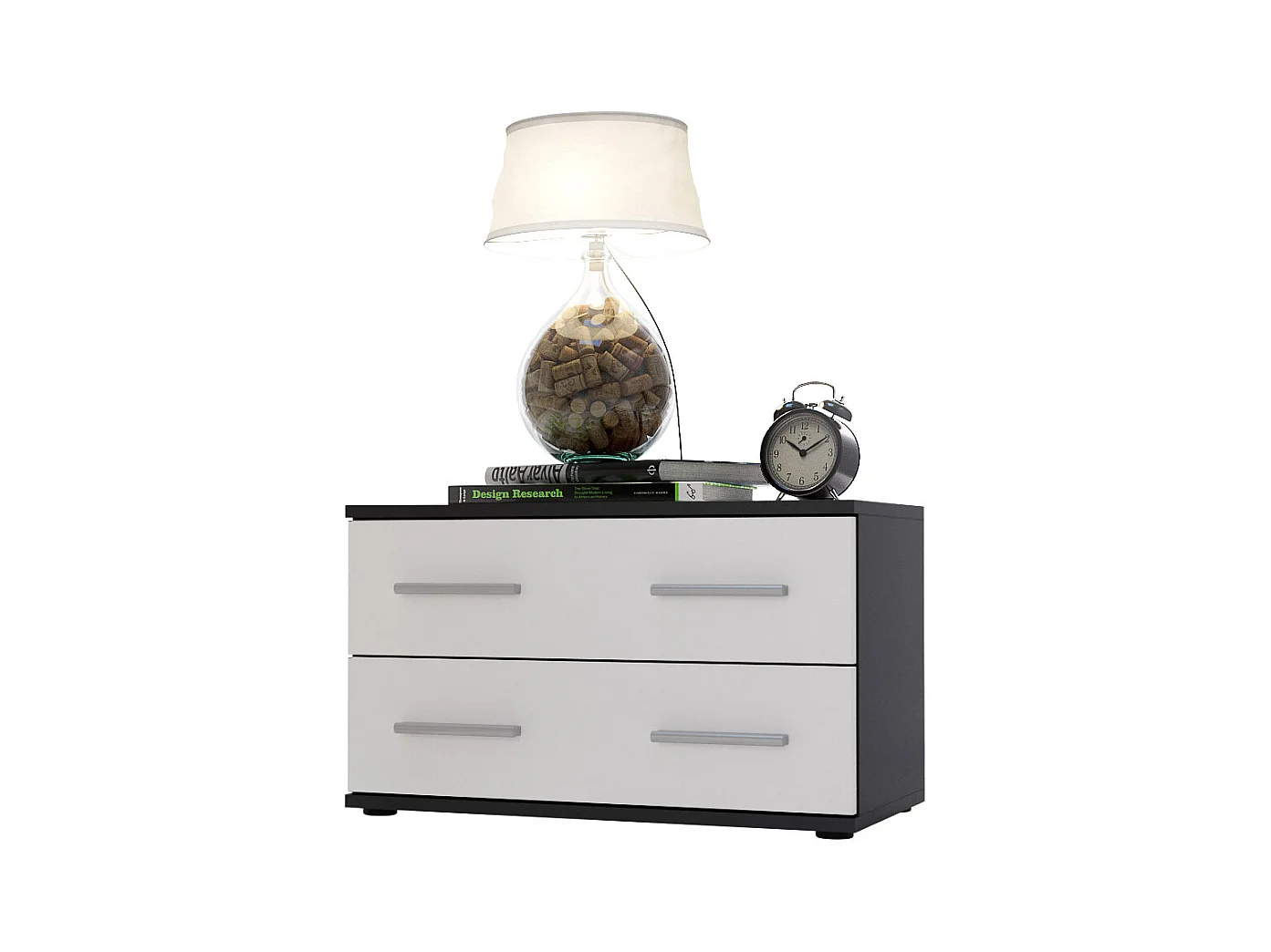 Table de chevet de nuit Kioto, Corps en Noir mat / Façades en Blanc mat