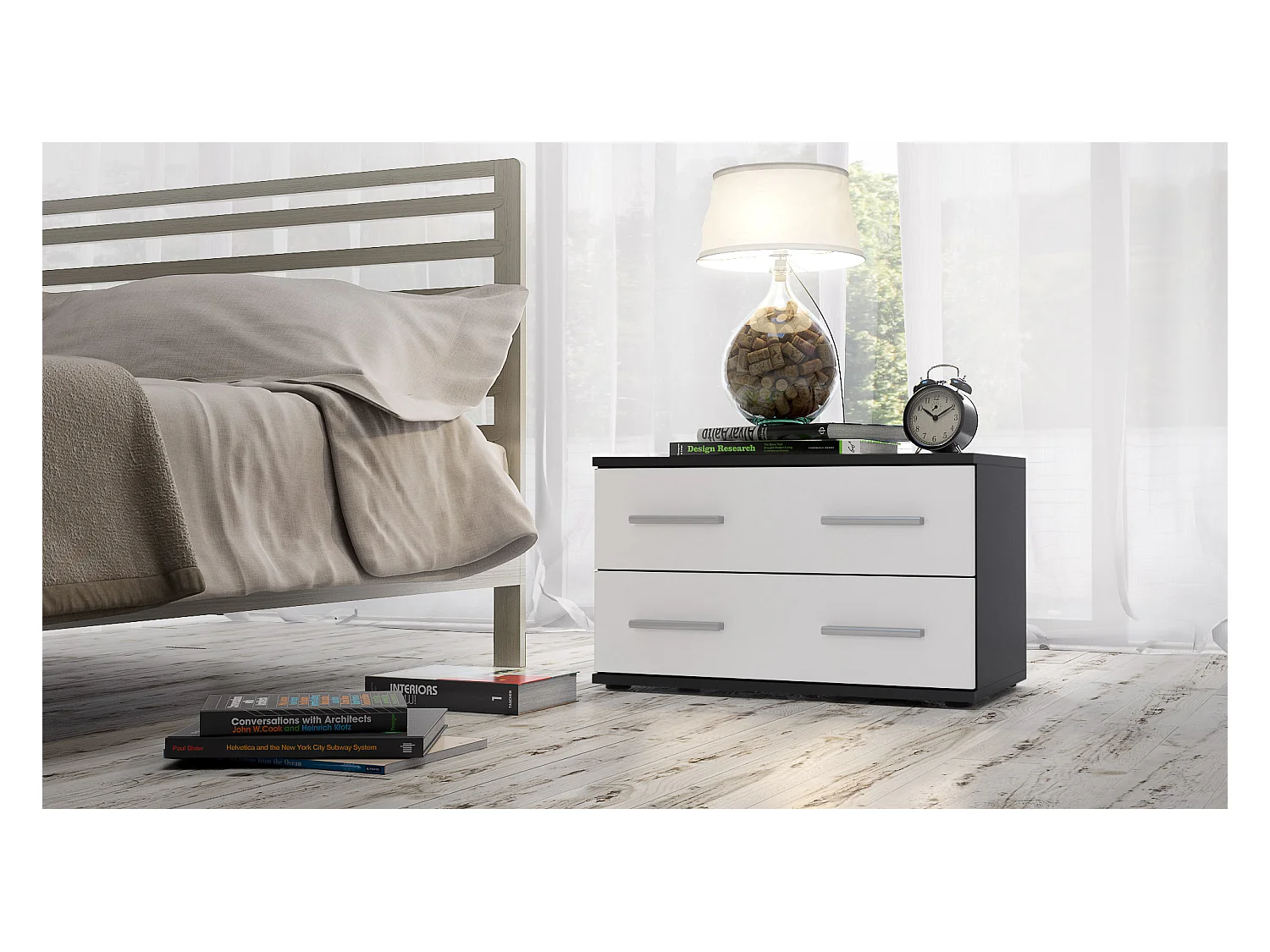Table de chevet de nuit Kioto, Corps en Noir mat / Façades en Blanc mat