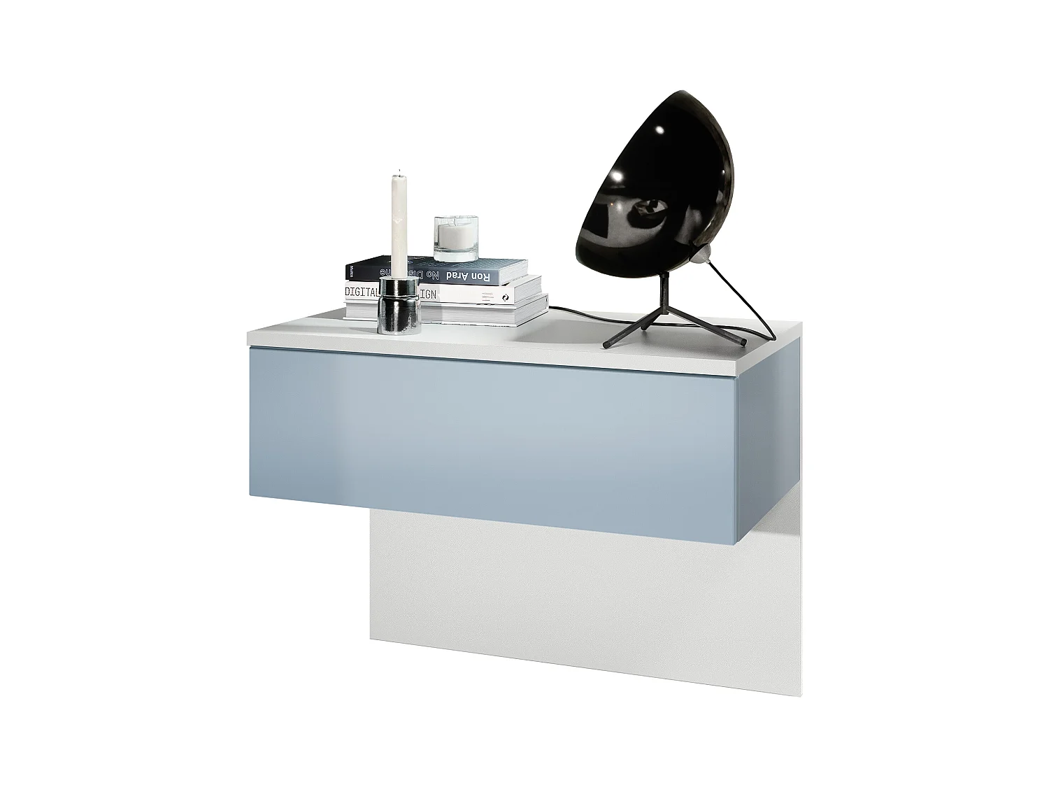 Table de chevet Sleep, Table de nuit à fixation murale avec tiroir, Blanc mat/Denim mat (60 x 46 x 35 cm)