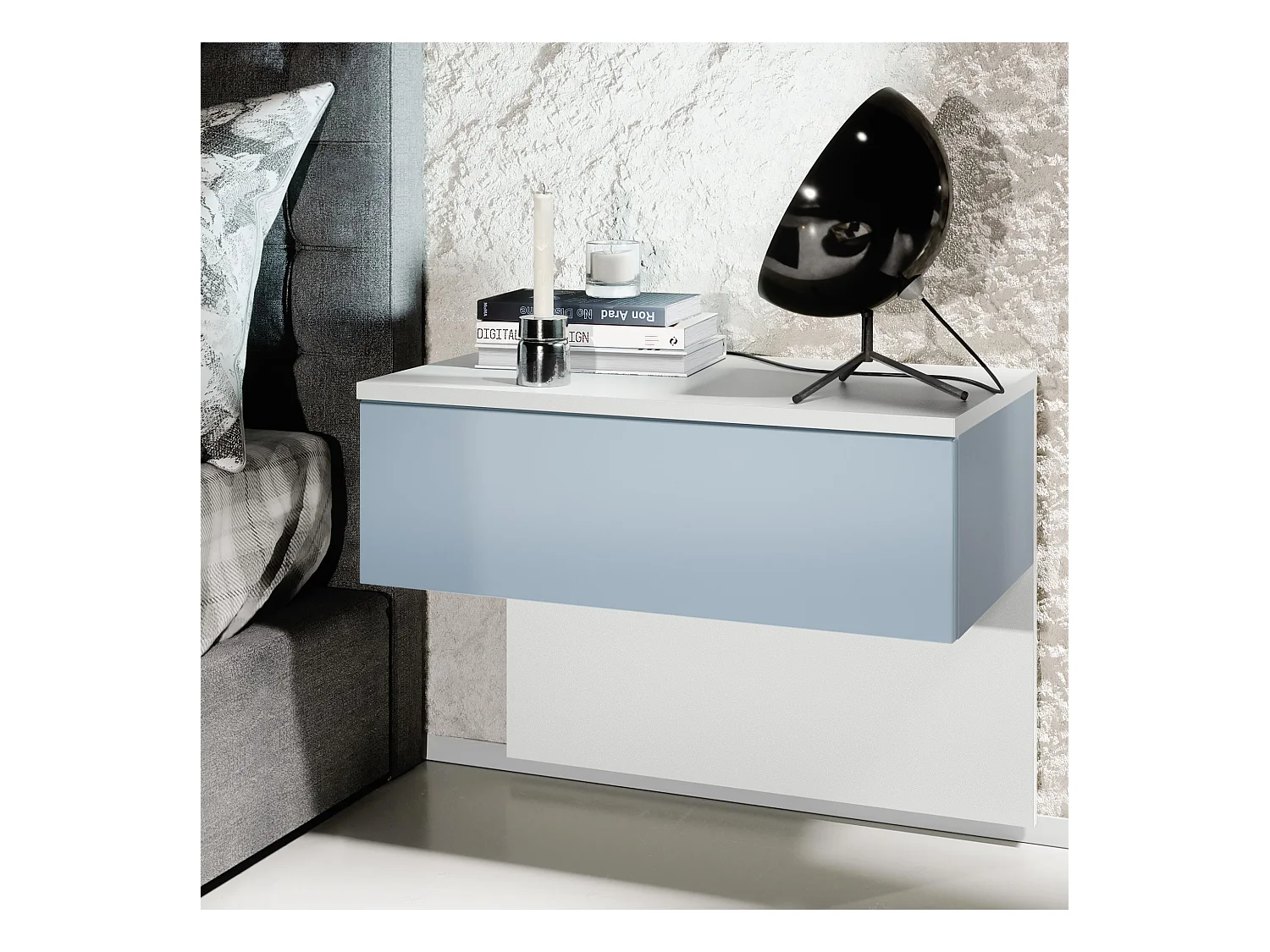 Table de chevet Sleep, Table de nuit à fixation murale avec tiroir, Blanc mat/Denim mat (60 x 46 x 35 cm)