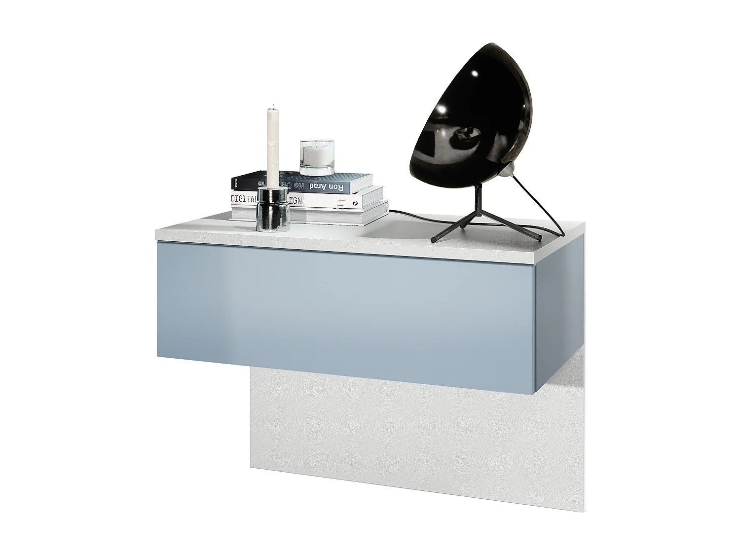 Table de chevet Sleep, Table de nuit à fixation murale avec tiroir, Blanc mat/Denim mat (60 x 46 x 35 cm)