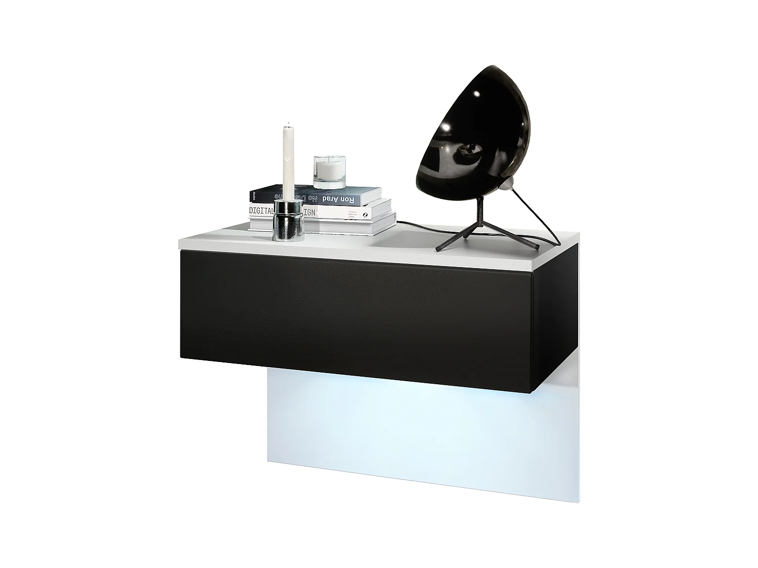 Table de chevet Sleep, Table de nuit à fixation murale avec tiroir, Blanc mat/Noir mat, éclairage LED inclus (60 x 46 x 35 cm)