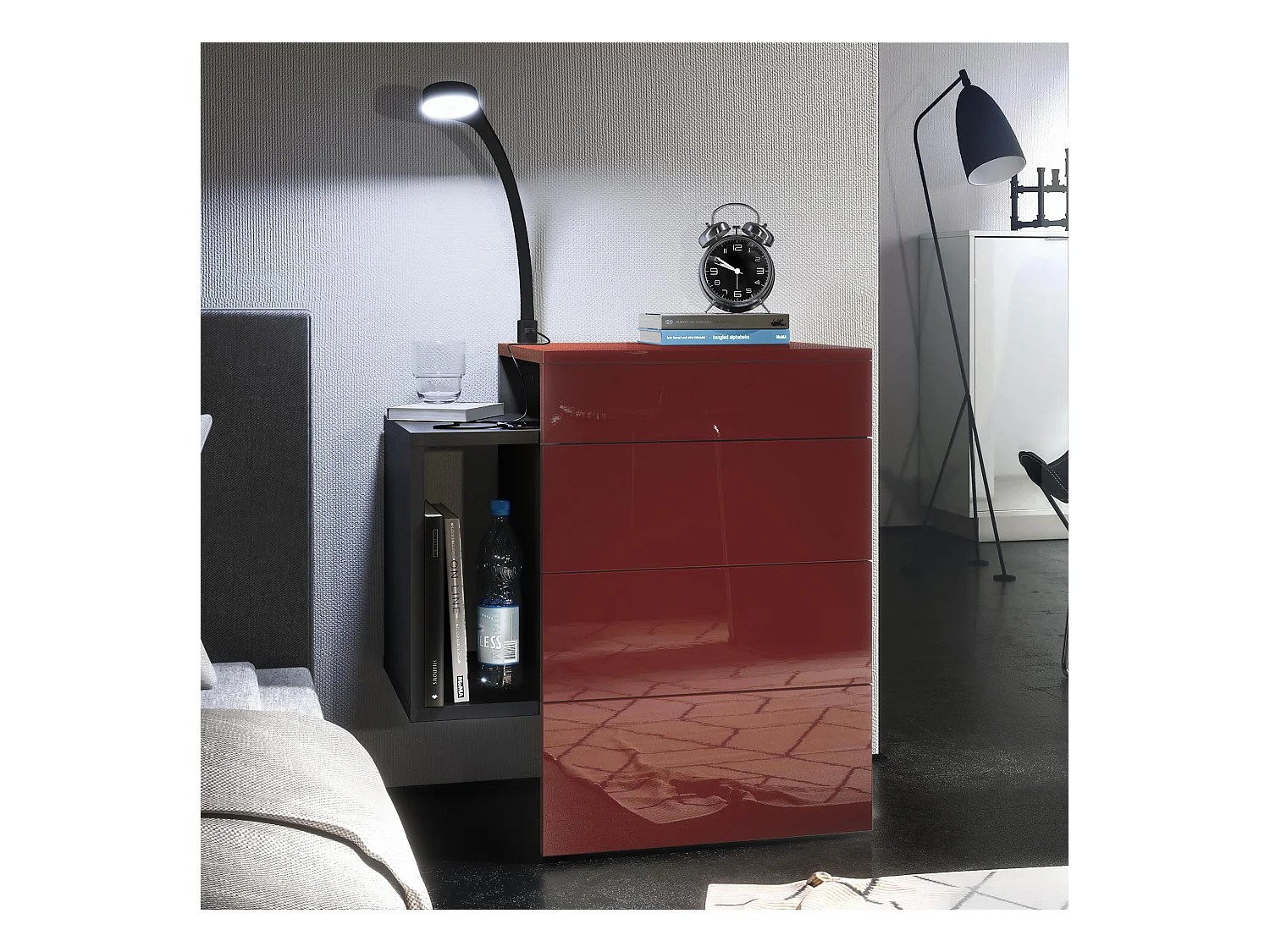 Table de chevet Queens, Table de nuit avec 2 tiroirs et 1 compartiment latéral à fixer au mur, Noir mat/Bordeaux brillant, incl. lampe LED Flexi (60x63x36 cm)
