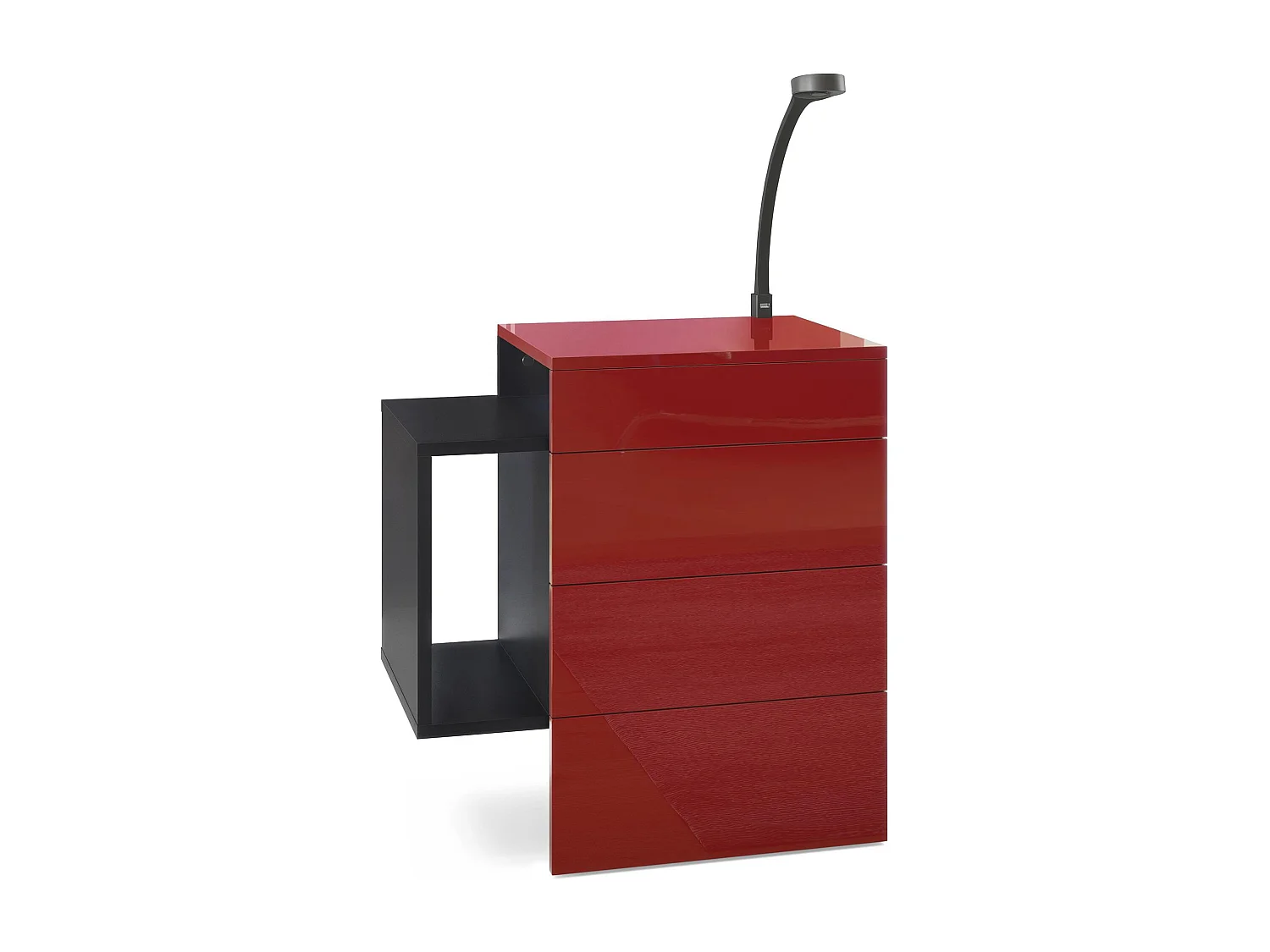 Table de chevet Queens, Table de nuit avec 2 tiroirs et 1 compartiment latéral à fixer au mur, Noir mat/Bordeaux brillant, incl. lampe LED Flexi (60x63x36 cm)