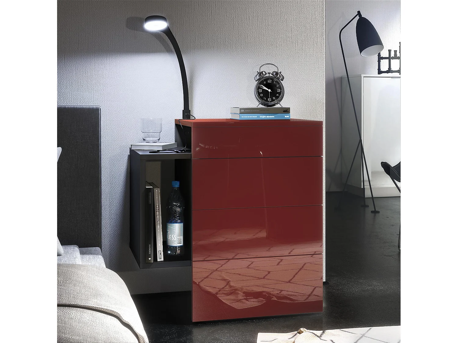 Table de chevet Queens, Table de nuit avec 2 tiroirs et 1 compartiment latéral à fixer au mur, Noir mat/Bordeaux brillant, incl. lampe LED Flexi (60x63x36 cm)