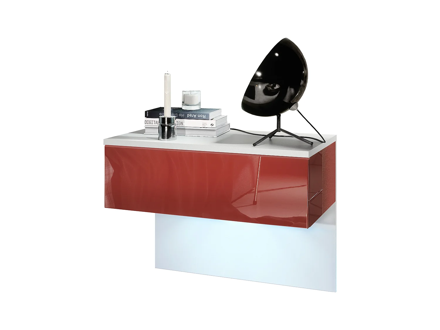 Table de chevet Sleep, Table de nuit à fixation murale avec tiroir, Blanc mat/Bordeaux haute brillance, éclairage LED inclus (60 x 46 x 35 cm)