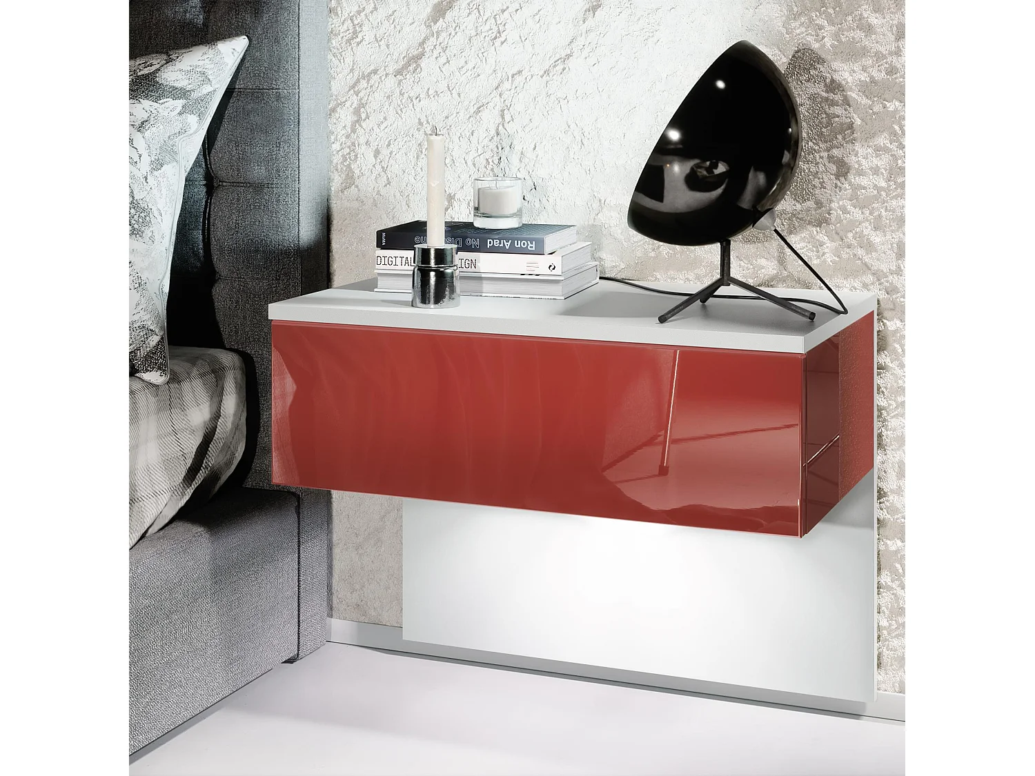 Table de chevet Sleep, Table de nuit à fixation murale avec tiroir, Blanc mat/Bordeaux haute brillance, éclairage LED inclus (60 x 46 x 35 cm)