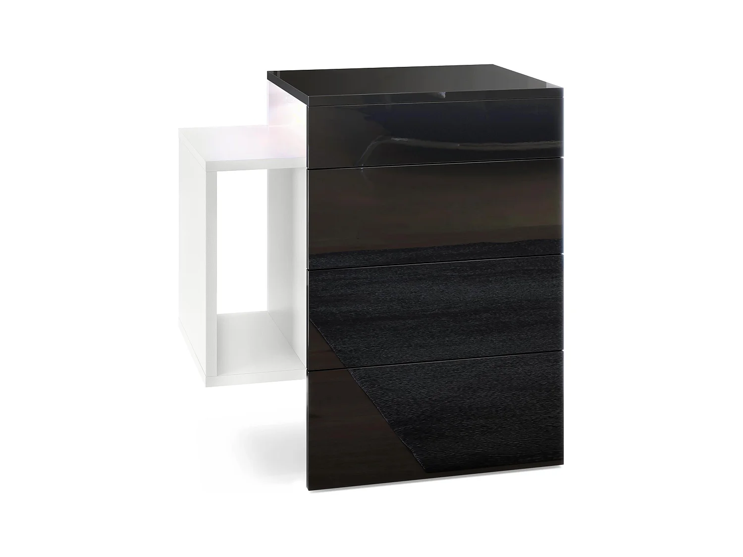 Table de chevet Queens, Table de nuit avec 2 tiroirs et 1 compartiment latéral à fixer au mur, Blanc mat/Noir brillant, incl. encastré LED blanc (60x63x36 cm)