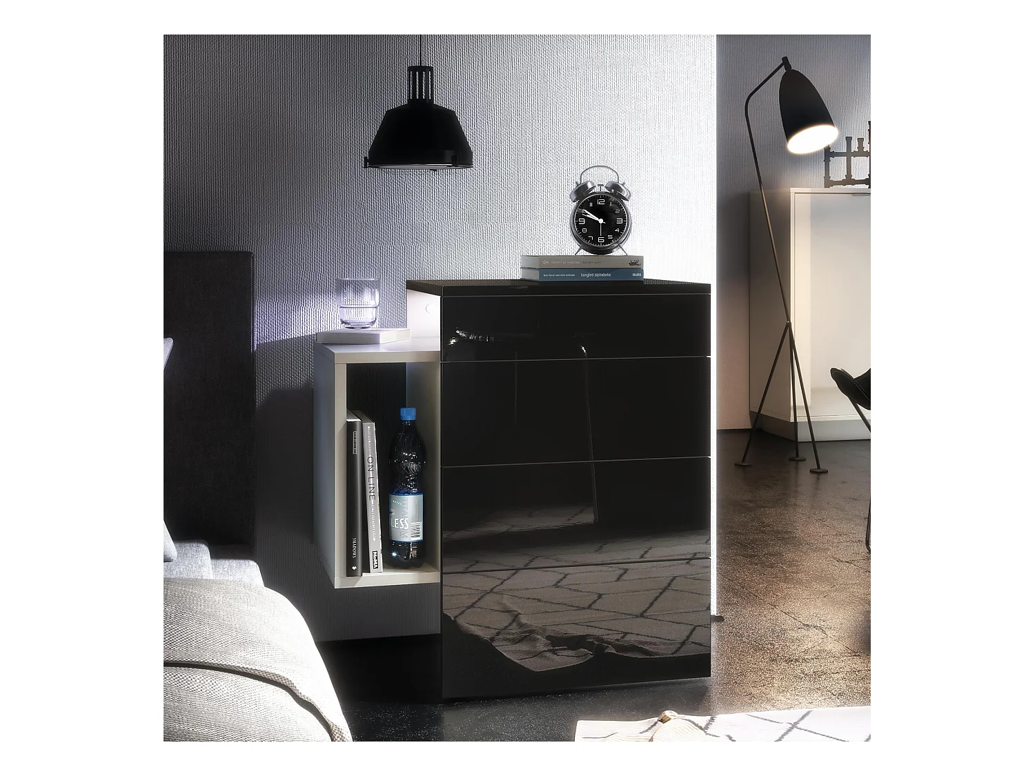 Table de chevet Queens, Table de nuit avec 2 tiroirs et 1 compartiment latéral à fixer au mur, Blanc mat/Noir brillant, incl. encastré LED blanc (60x63x36 cm)