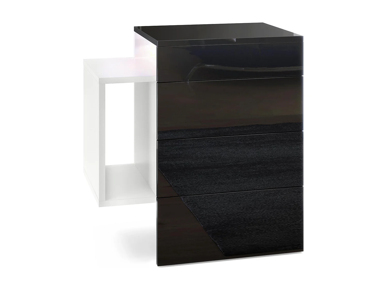 Table de chevet Queens, Table de nuit avec 2 tiroirs et 1 compartiment latéral à fixer au mur, Blanc mat/Noir brillant, incl. encastré LED blanc (60x63x36 cm)