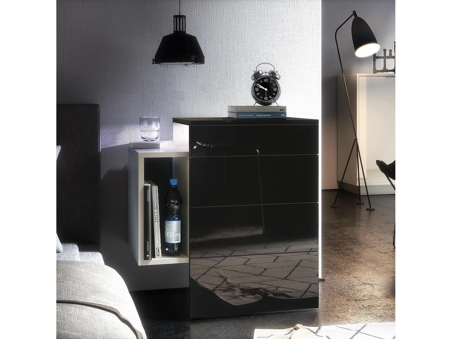 Table de chevet Queens, Table de nuit avec 2 tiroirs et 1 compartiment latéral à fixer au mur, Blanc mat/Noir brillant, incl. encastré LED blanc (60x63x36 cm)