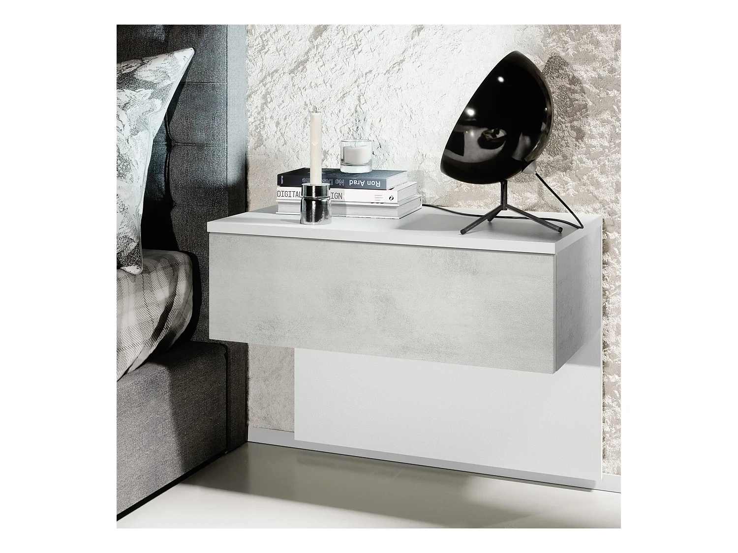 Table de chevet Sleep, Table de nuit à fixation murale avec tiroir, Blanc mat/Aspect Béton Oxyde (60 x 46 x 35 cm)