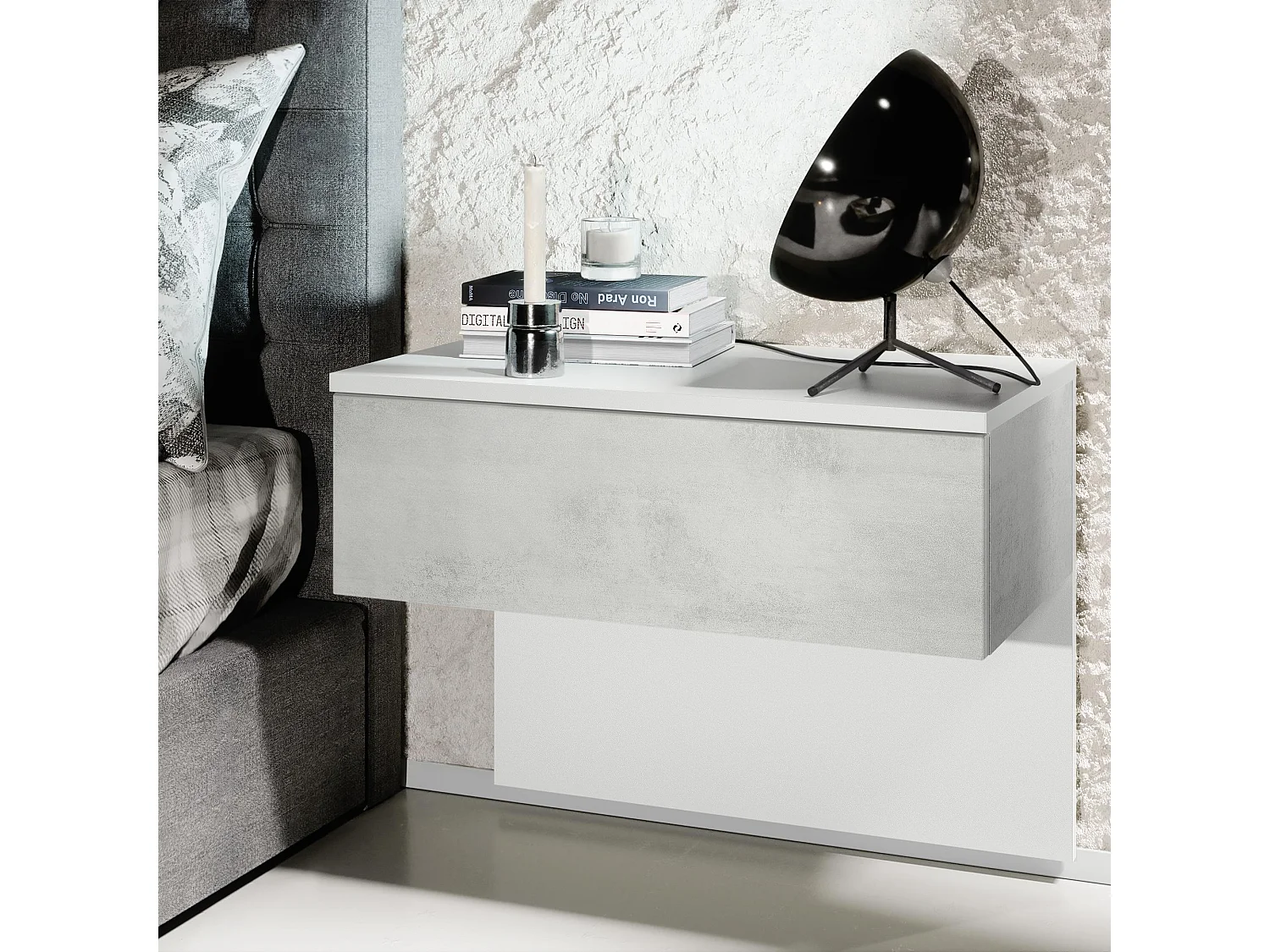 Table de chevet Sleep, Table de nuit à fixation murale avec tiroir, Blanc mat/Aspect Béton Oxyde (60 x 46 x 35 cm)