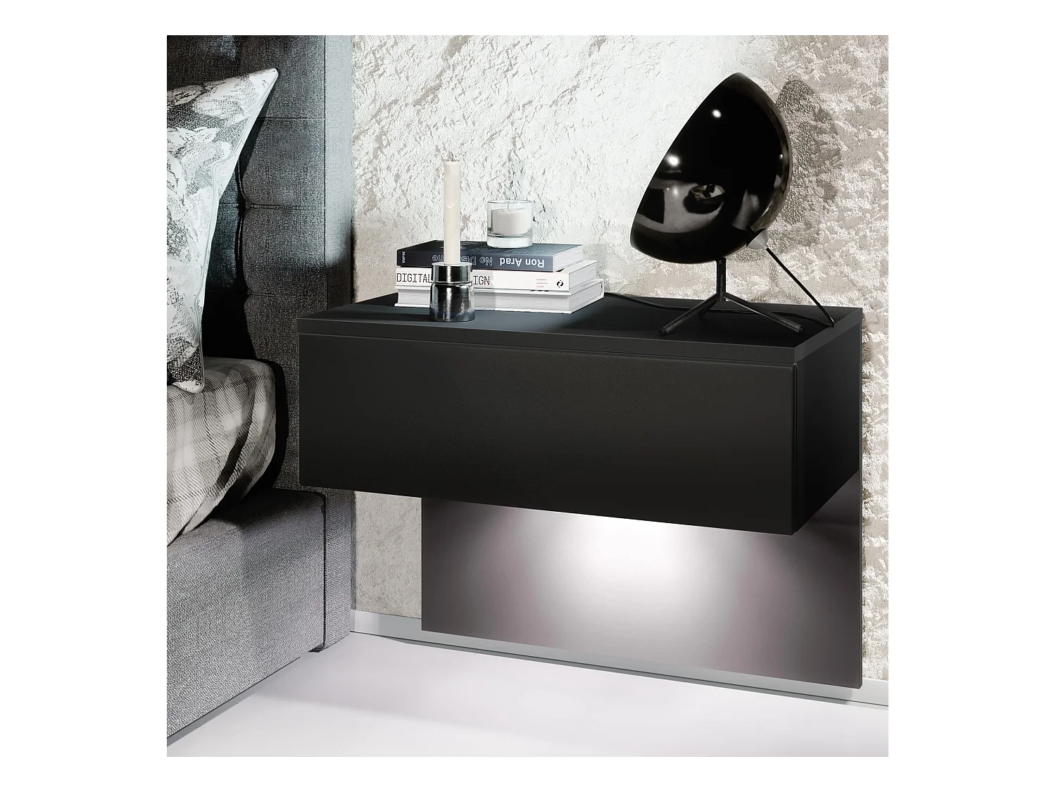 Table de chevet Sleep, Table de nuit à fixation murale avec tiroir, Noir mat/Noir mat, éclairage LED inclus (60 x 46 x 35 cm)