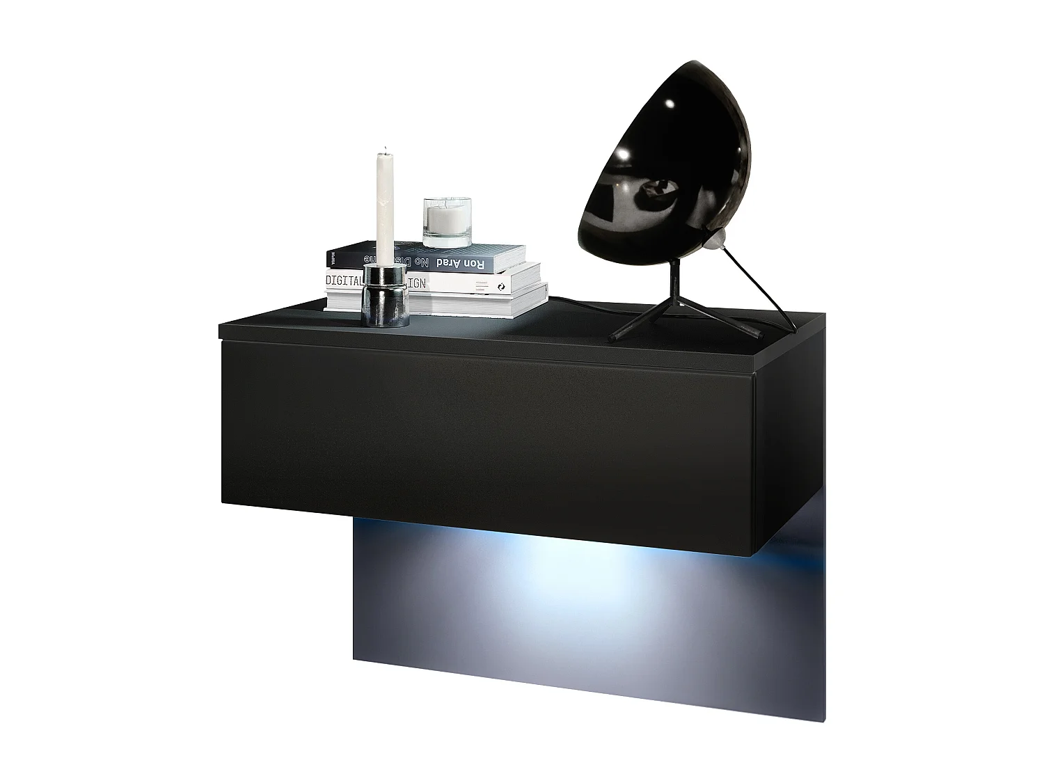 Table de chevet Sleep, Table de nuit à fixation murale avec tiroir, Noir mat/Noir mat, éclairage LED inclus (60 x 46 x 35 cm)