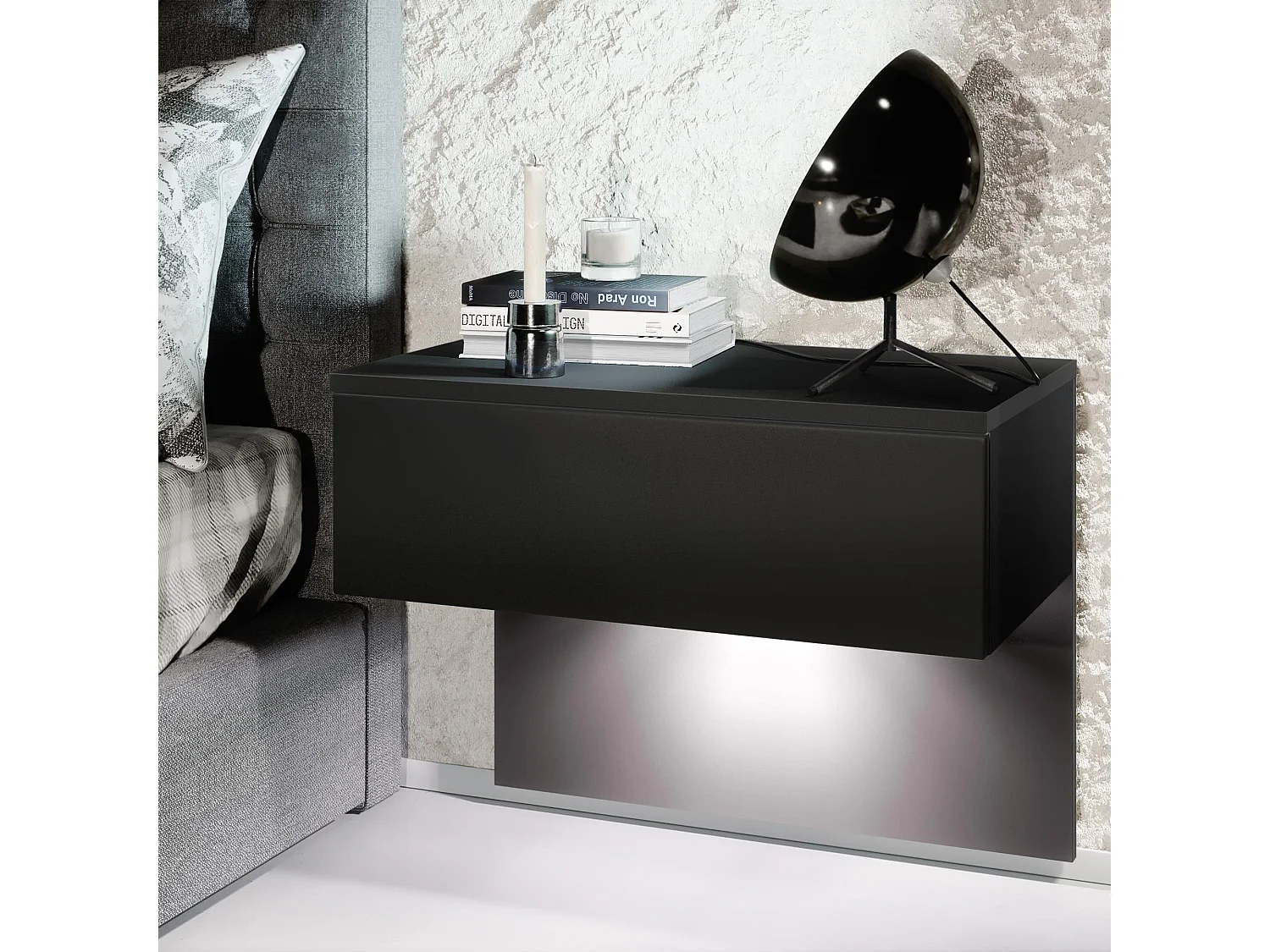 Table de chevet Sleep, Table de nuit à fixation murale avec tiroir, Noir mat/Noir mat, éclairage LED inclus (60 x 46 x 35 cm)
