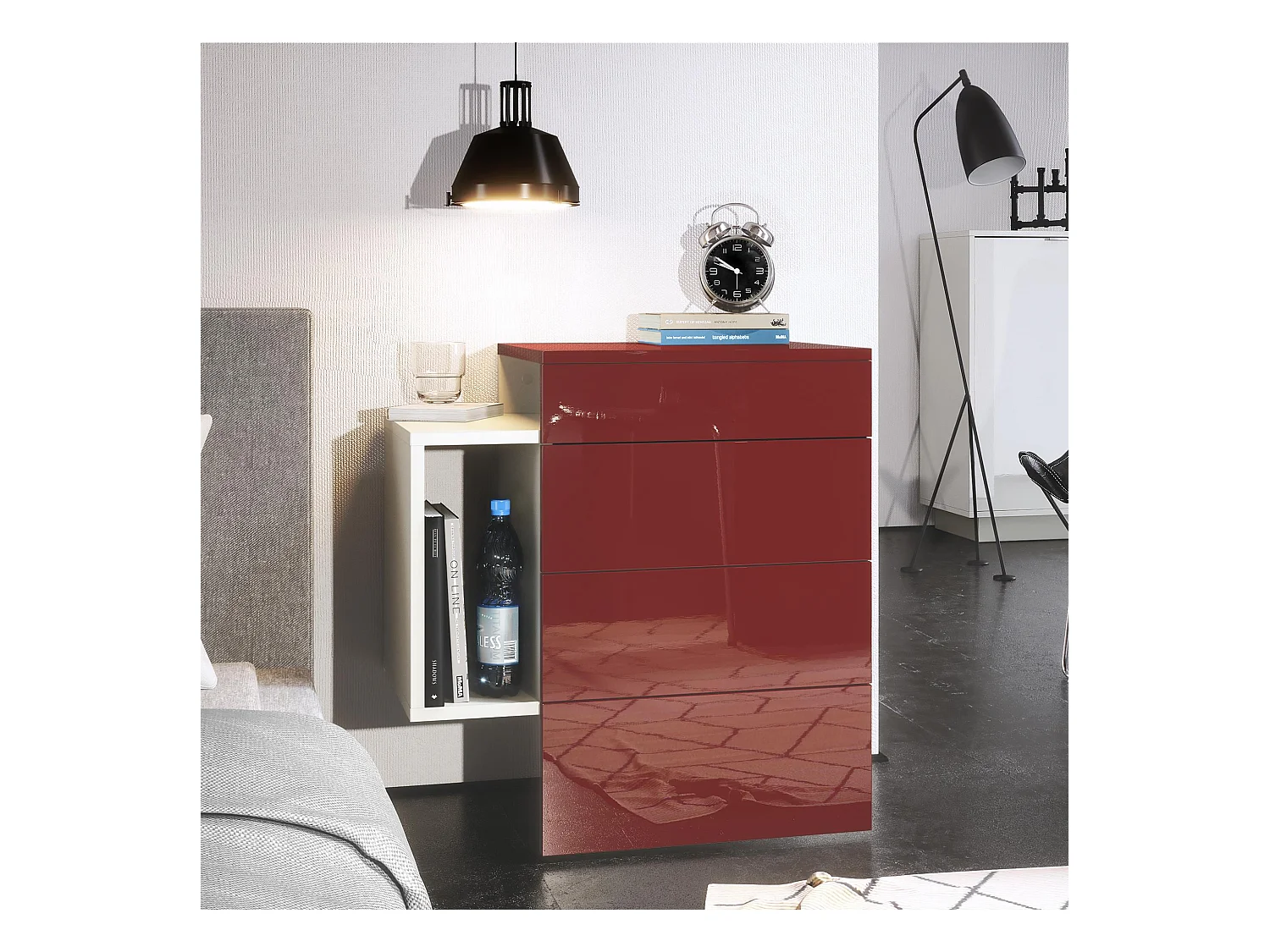 Table de chevet Queens, Table de nuit avec 2 tiroirs et 1 compartiment latéral à fixer au mur, Blanc mat/Bordeaux haute brillance (60 x 63 x 36 cm)