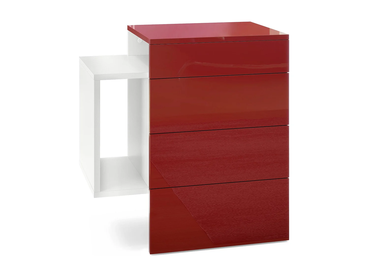 Table de chevet Queens, Table de nuit avec 2 tiroirs et 1 compartiment latéral à fixer au mur, Blanc mat/Bordeaux haute brillance (60 x 63 x 36 cm)