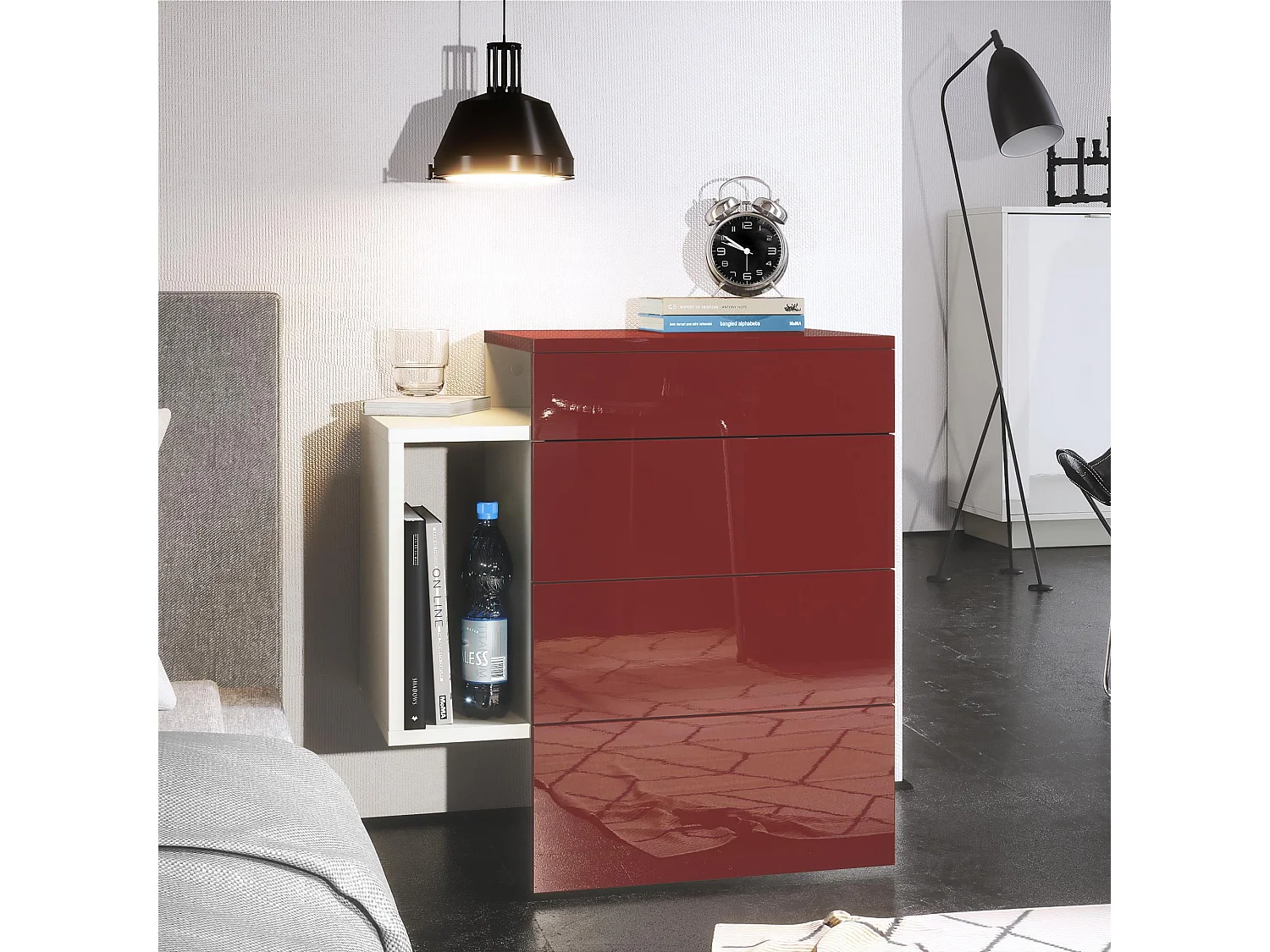 Table de chevet Queens, Table de nuit avec 2 tiroirs et 1 compartiment latéral à fixer au mur, Blanc mat/Bordeaux haute brillance (60 x 63 x 36 cm)
