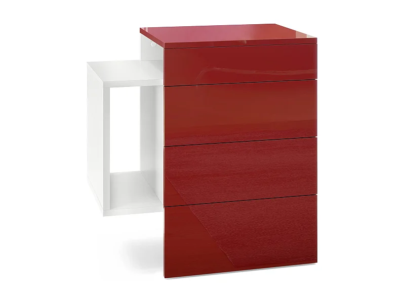 Table de chevet Queens, Table de nuit avec 2 tiroirs et 1 compartiment latéral à fixer au mur, Blanc mat/Bordeaux haute brillance (60 x 63 x 36 cm)