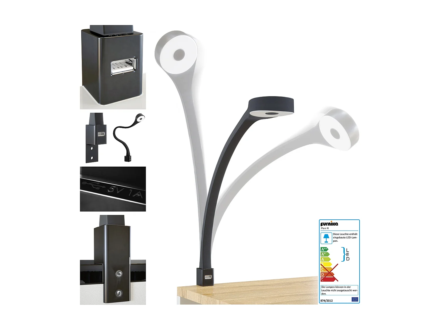 Table de chevet Queens, Table de nuit avec 2 tiroirs et 1 compartiment latéral à fixer au mur, Blanc mat/Denim mat, incl. lampe LED blance Flexi (60x63x36 cm)