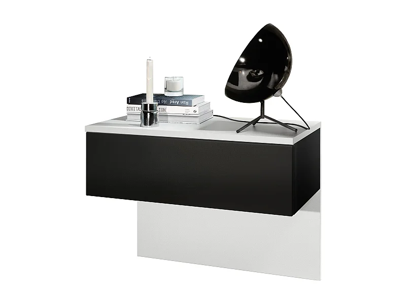 Table de chevet Sleep, Table de nuit à fixation murale avec tiroir, Blanc mat/Noir mat (60 x 46 x 35 cm)