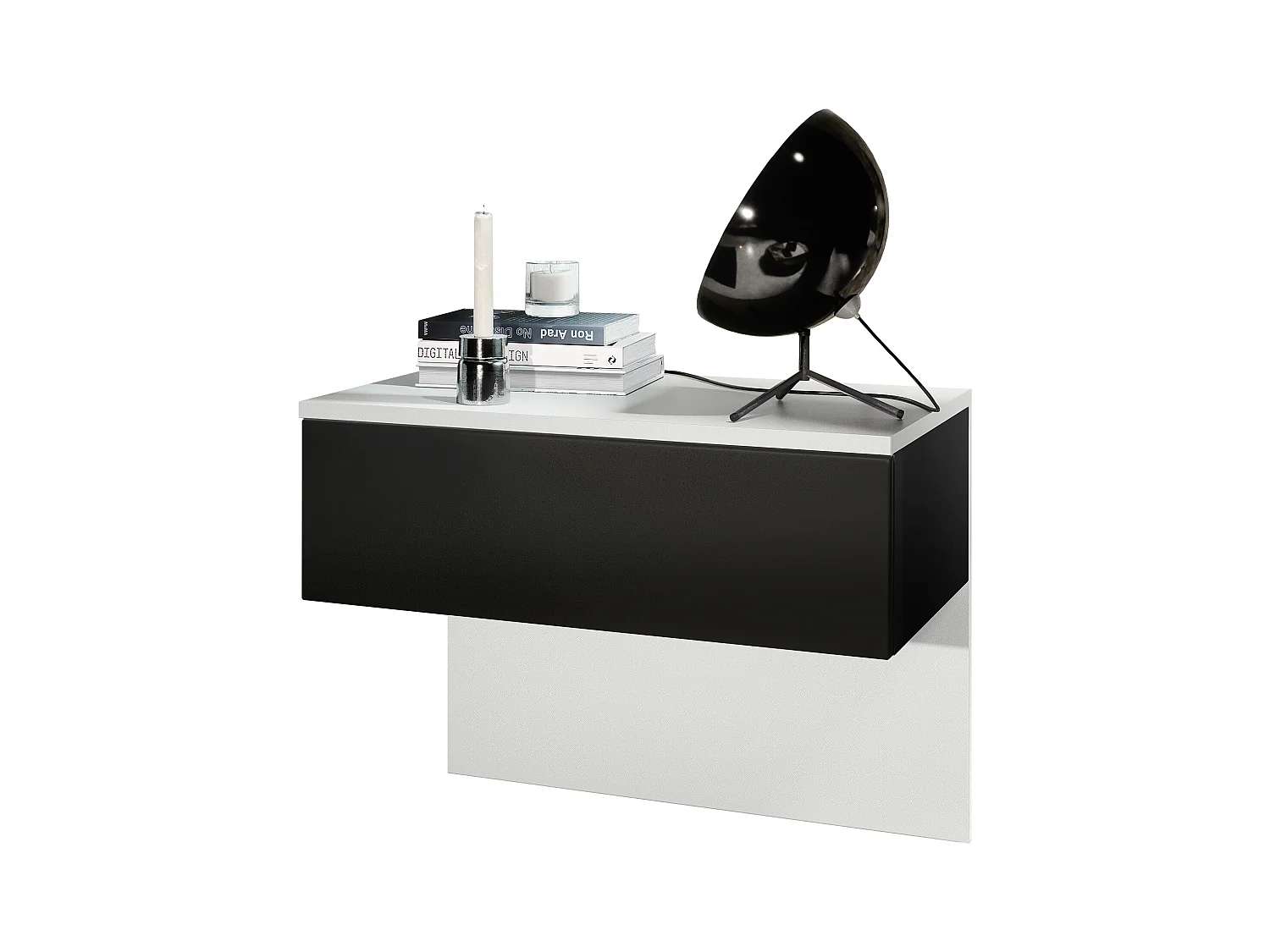 Table de chevet Sleep, Table de nuit à fixation murale avec tiroir, Blanc mat/Noir mat (60 x 46 x 35 cm)