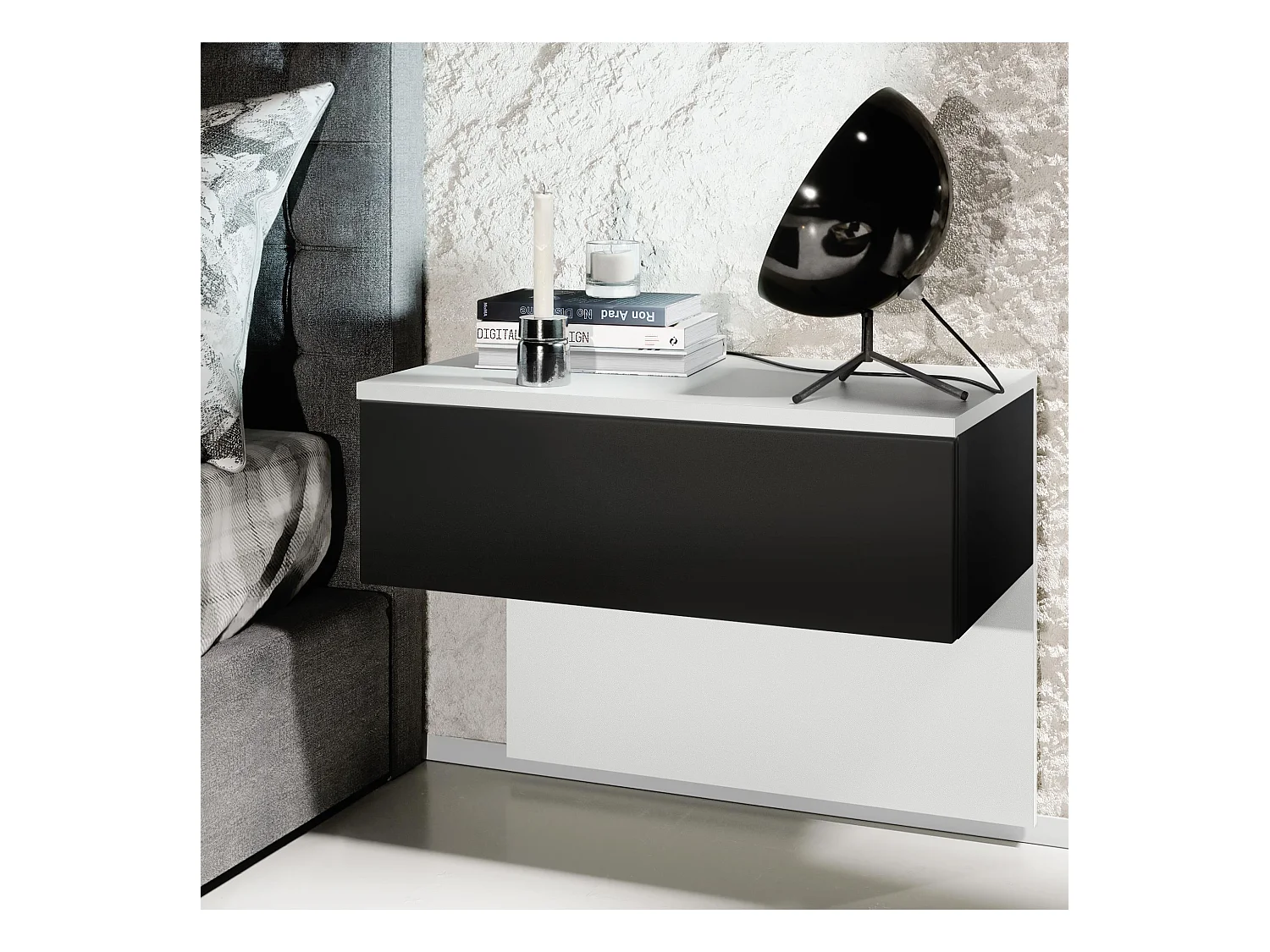 Table de chevet Sleep, Table de nuit à fixation murale avec tiroir, Blanc mat/Noir mat (60 x 46 x 35 cm)