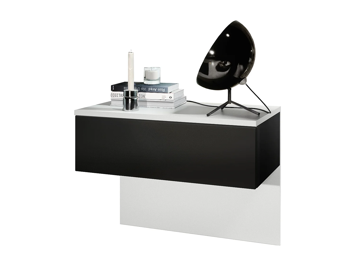 Table de chevet Sleep, Table de nuit à fixation murale avec tiroir, Blanc mat/Noir mat (60 x 46 x 35 cm)