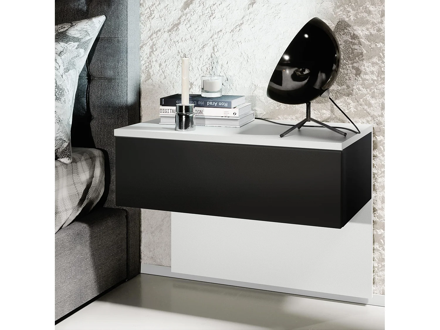 Table de chevet Sleep, Table de nuit à fixation murale avec tiroir, Blanc mat/Noir mat (60 x 46 x 35 cm)