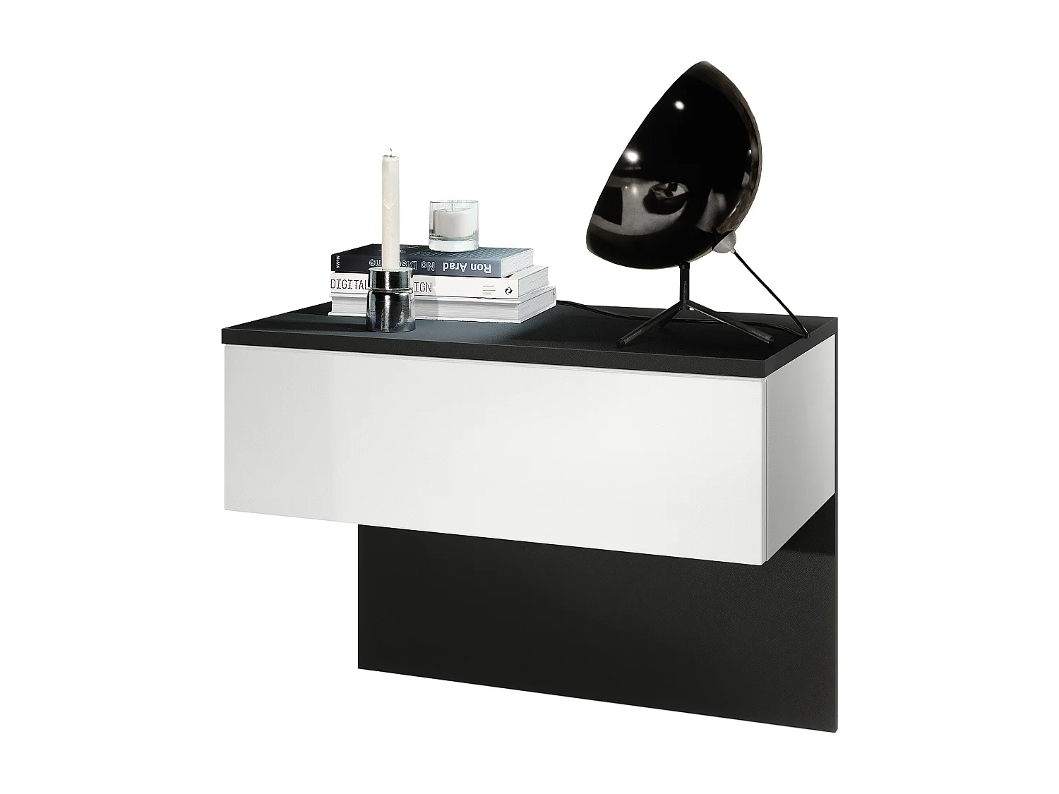 Table de chevet Sleep, Table de nuit à fixation murale avec tiroir, Noir mat/Blanc mat (60 x 46 x 35 cm)