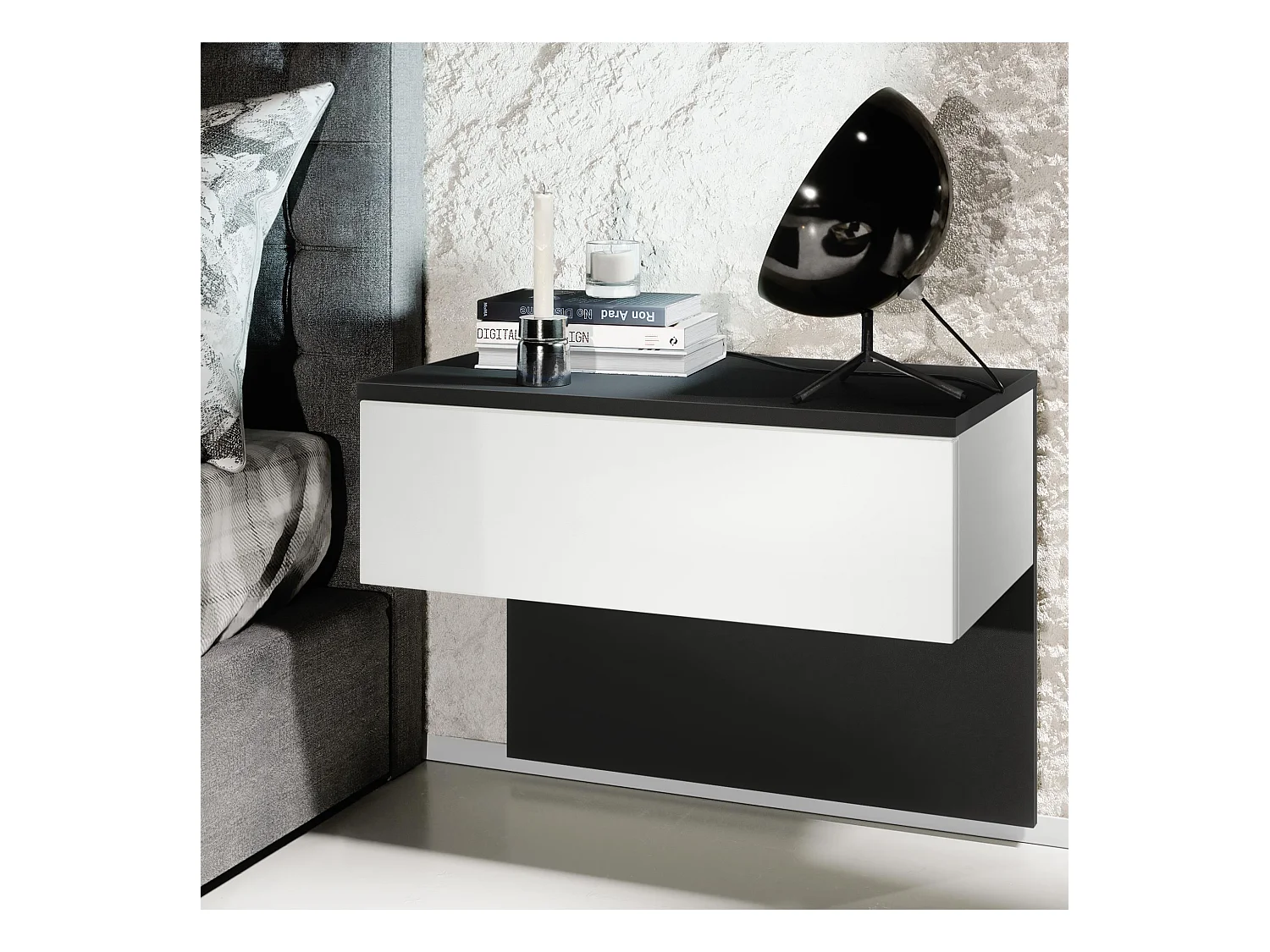 Table de chevet Sleep, Table de nuit à fixation murale avec tiroir, Noir mat/Blanc mat (60 x 46 x 35 cm)